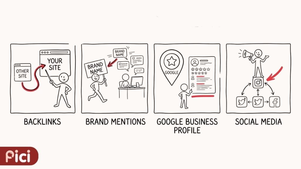 sinyal seo off-page ada backlink, brand mention, google business profile, dan social signal